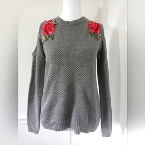 Alya Size Small Cold Shoulder Sweater Rose Embellishments Gray
